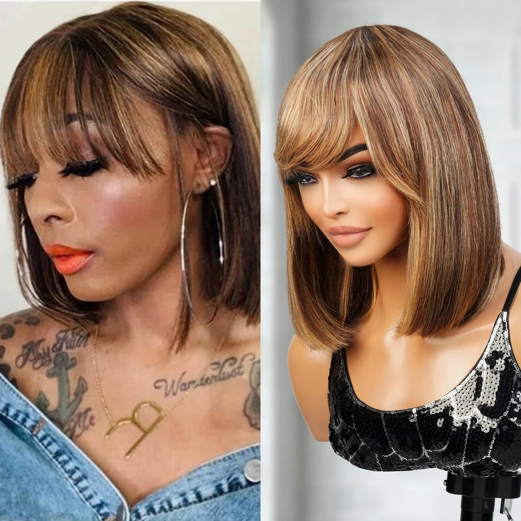 Upscale 100% Human Hair Honey Blonde Highlight Short Bob Wigs with Bang 12"
