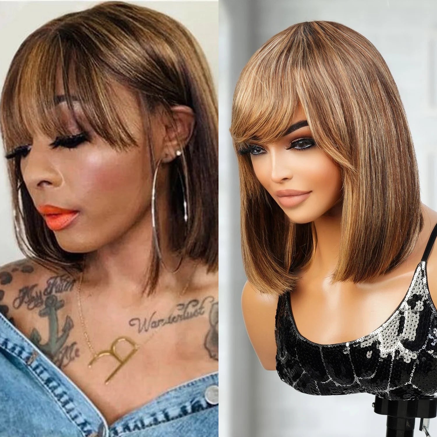 Upscale 100% Human Hair Honey Blonde Highlight Short Bob Wigs with Bang 12"