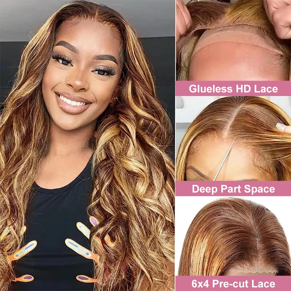 40 Inch Highlight Glueless Wigs Human Hair Ready To Wear Preplucked Body Wave Ombre Color 13x4 Front Wigs For Women 250 Density