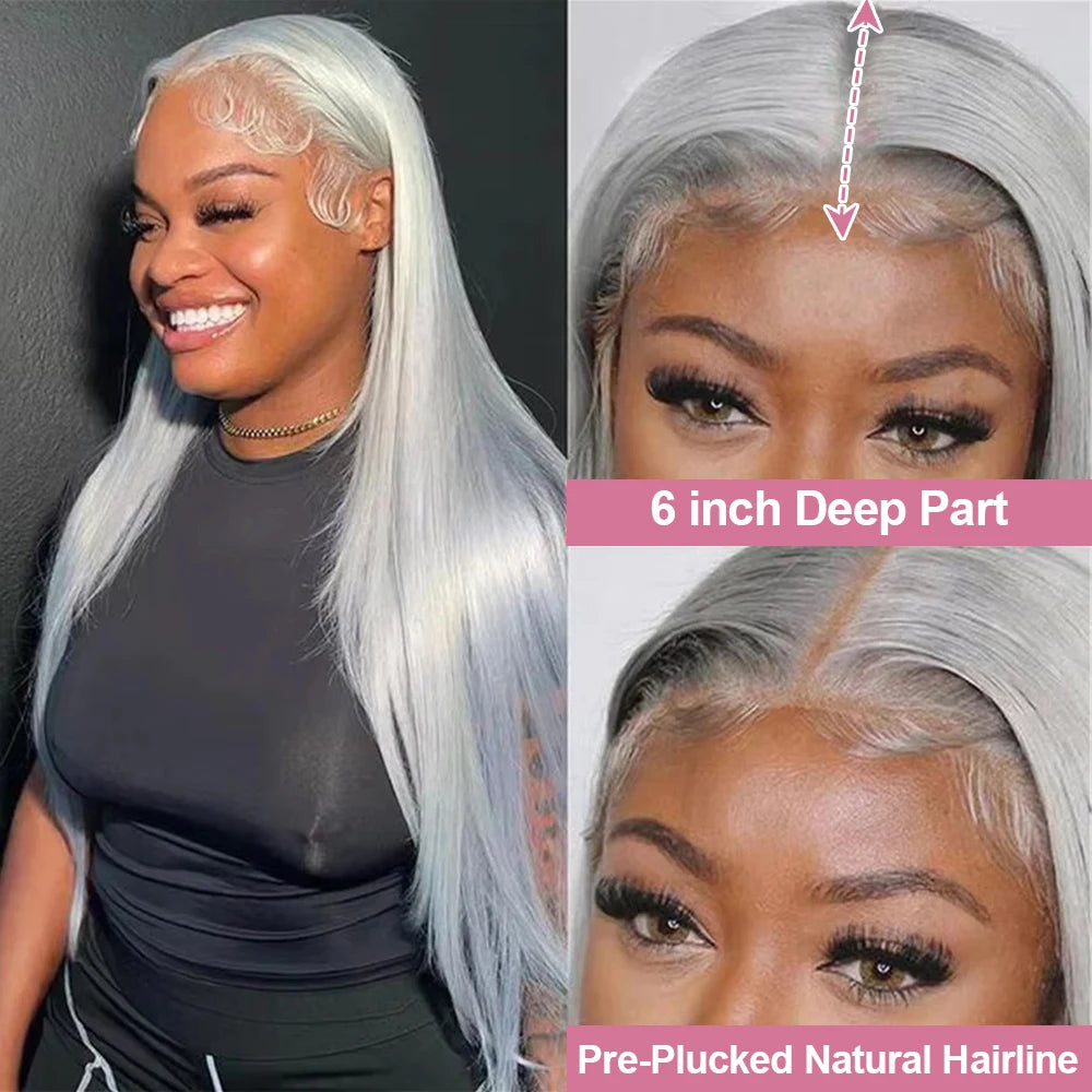 40 Inch Silver Grey Colored Straight Lace Front Human Hair Wigs HD Transparent 13x6 13x4 Lace Frontal Wigs For Women Pre Plucked