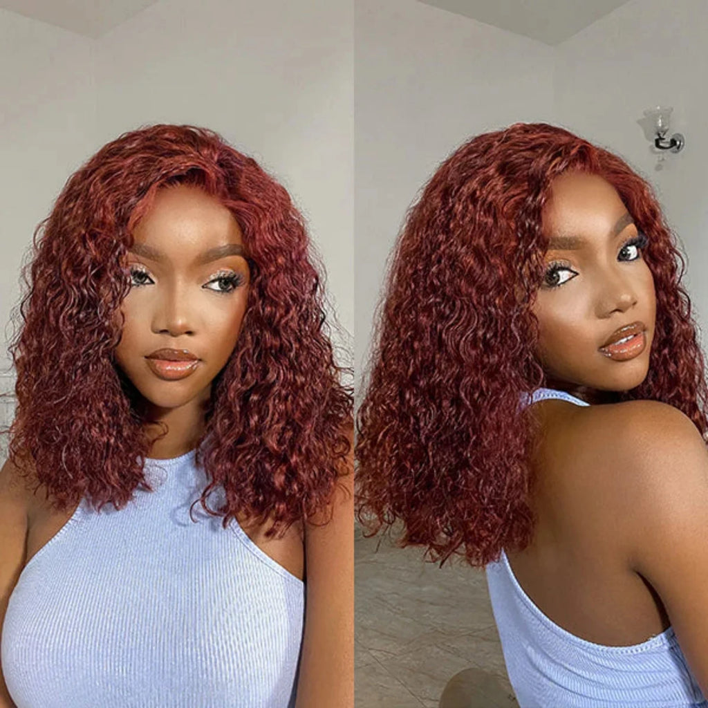 Reddish Brown Water Wave Glueless 7x5 Closure Lace Short Curly Wig 200% Density Burgundy 13x4 Lace Frontal Deep Wave Bob Wig