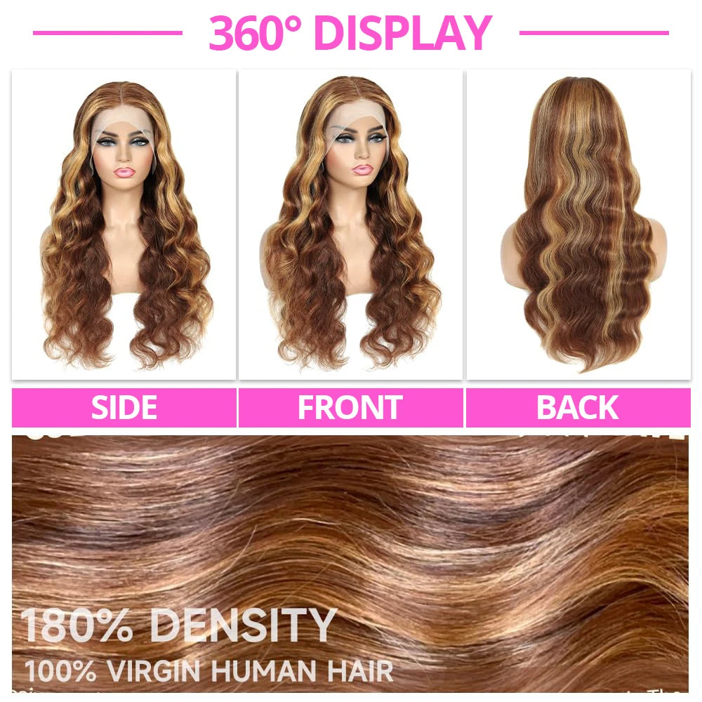 Pre Cut No Glue Glueless Wig Human Hair Ombre Color Highlight Body Wave 13x4 Lace Frontal Wigs 180% Density on Sale