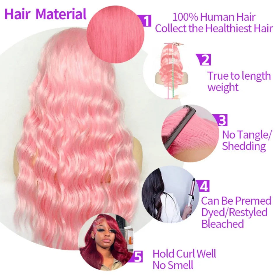 200 Density Light Pink 13X6 Body Wave hd Transparent Lace Frontal Wig 13X4 Loose Wave 100% Colored Human Hair Wigs for Women