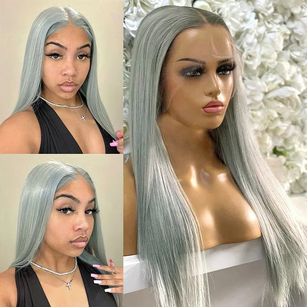 Silver Gray Bone Straight Lace Frontal Wig 13x4 Lace Front Human Hair Wigs For Women Preplucked Gray Colored Wigs Human Hair