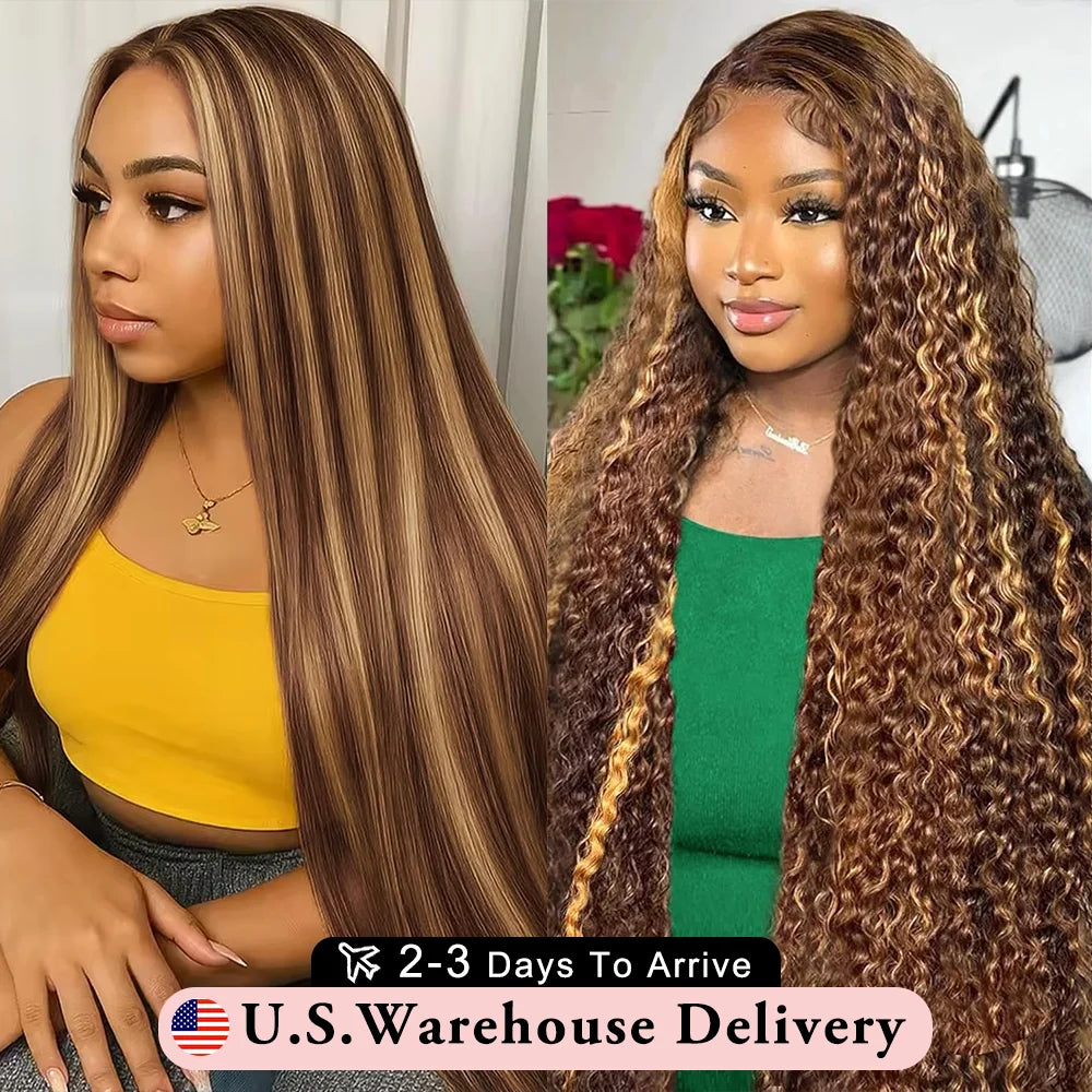 40Inch Highlight Wig Human Hair 4/27 Curly Lace Frontal Wigs 13x6 HD Transparent Lace Frontal Brown Ombre Colored Wig For Women