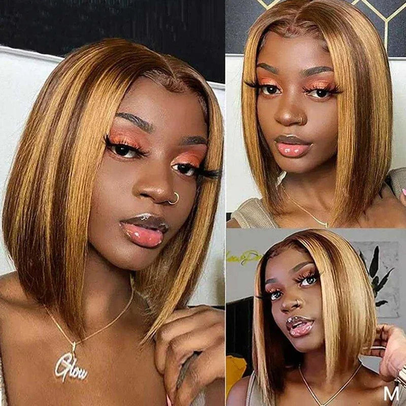 Highlight Short Bob Wig 13x4 Lace Front Human Hair Wigs Straight Ombre P4/27 Blonde Wig Peruvian Remy Hair 180% Density