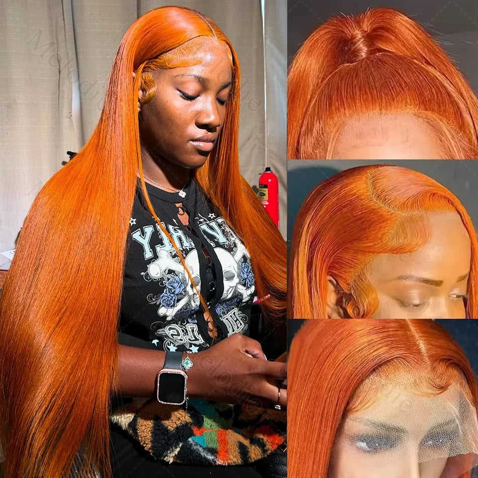 Orange Ginger Lace Frontal Wig 200 Density Bone Straight Lace Front Wig 13x4 13x6 Lace 100% Brazilian Colored Ginger Human Hair