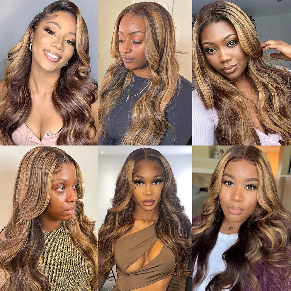 40 Inch Highlight Glueless Wigs Human Hair Ready To Wear Preplucked Body Wave Ombre Color 13x4 Front Wigs For Women 250 Density