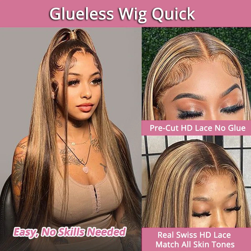 30 40 Inch Straight Glueless Highlight Wigs Human Hair Brazilian Honey Blonde Colored 7x5 Wear Go Glueless Wig Pre Cut Lace 250%