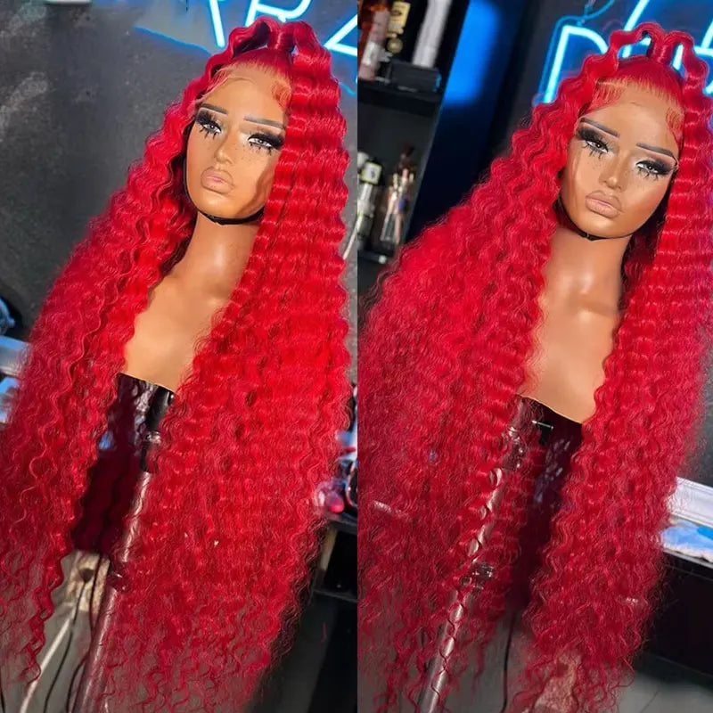 Red 13x4 Lace Frontal Wig 38 Inch Long Deep Wave Pre Plucked with Baby Hair Glueless Transparent Lace Hot Red Color Human Hair