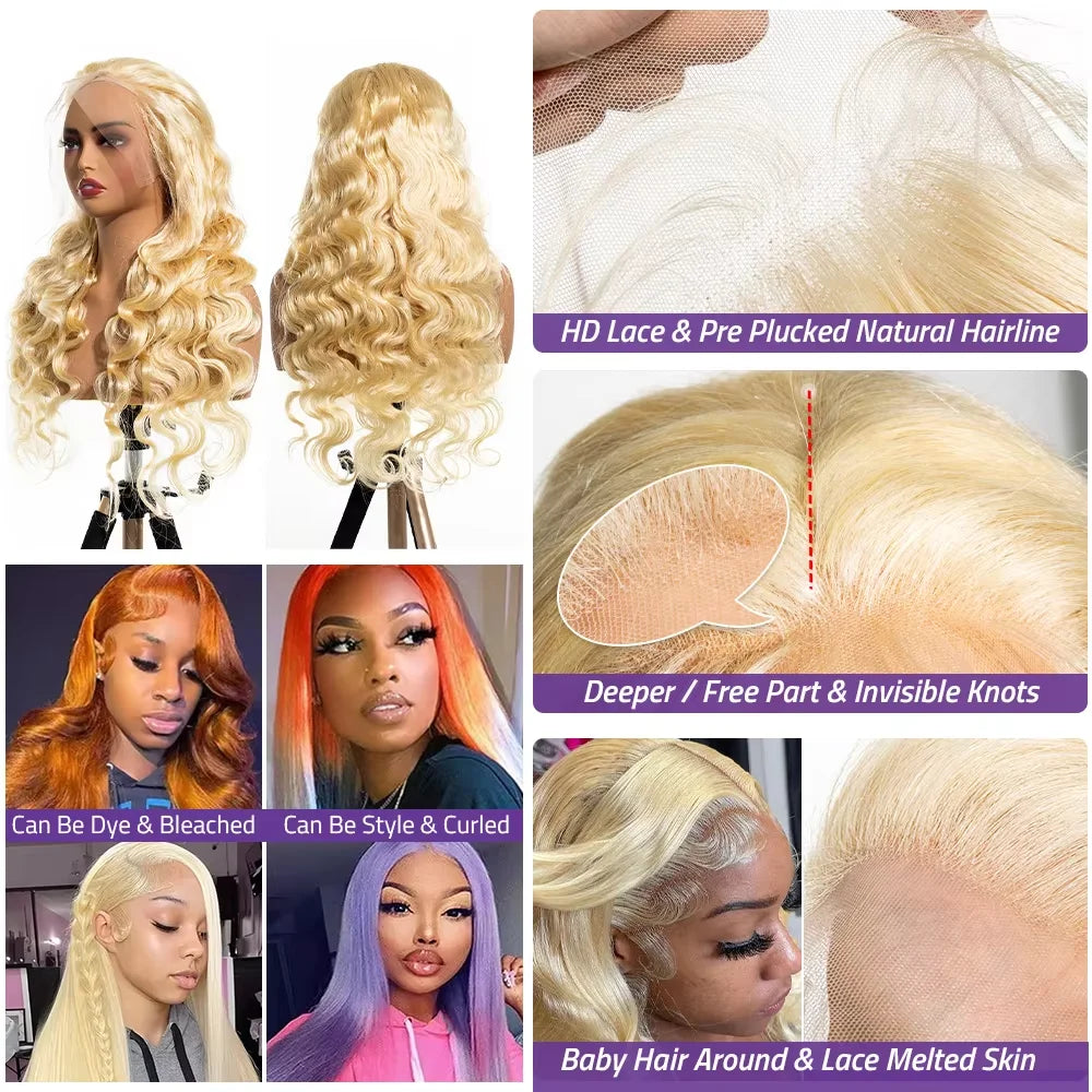 613 Blonde Body Wave Hair Wig Pre Plucked 16-44 Inch 100% Human Hair Wig 13x4 13x6 HD Lace Frontal Wigs 200 250 Density