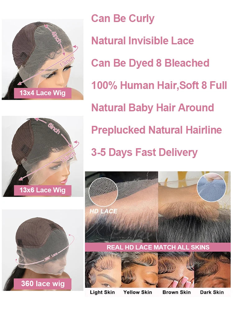 300 High Density Bone Straight 13x6 HD Lace Front Human Hair Wigs Brazilian Hair 40 46 Inch 13x4 360 Lace Frontal Wigs For Women