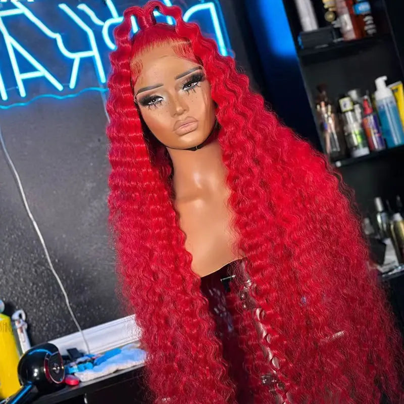 Red 13x4 Lace Frontal Wig 38 Inch Long Deep Wave Pre Plucked with Baby Hair Glueless Transparent Lace Hot Red Color Human Hair