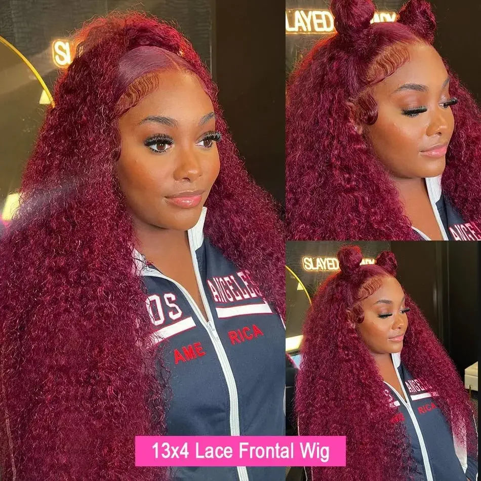 99J Burgundy Deep Wave Lace Front Wig Human Hair Red 13x4 HD Lace Frontal Wig Pre Plucked Colored Curly Human Hair Wigs on Sale