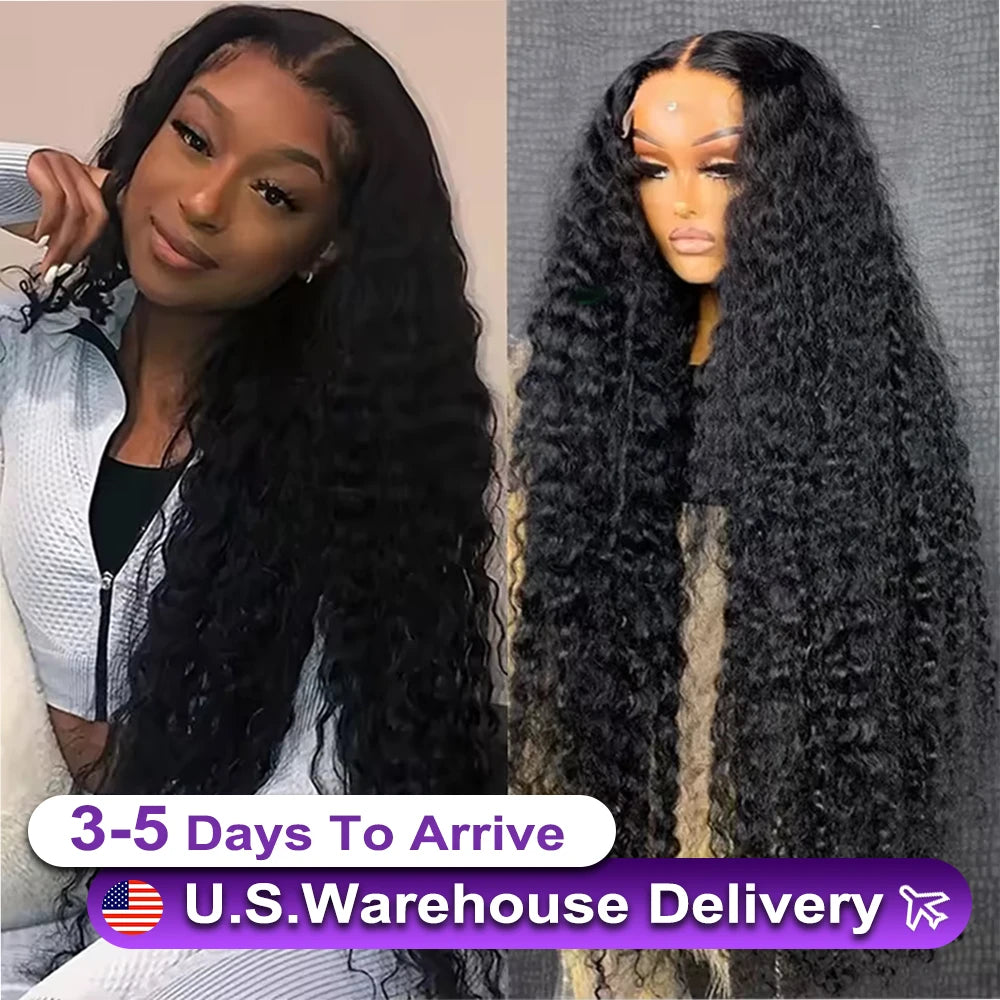 250 Density HD 13X6 Transparent Deep Water Wave Curly Human Hair Lace Frontal Wig 30 34 Inch 13X4 Lace Front Human Hair Wigs