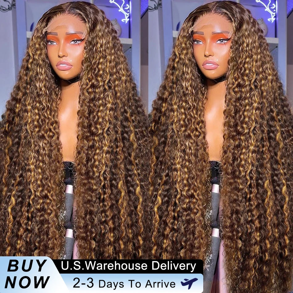30 inch Highlight 13x6 Deep Wave HD Lace Front Wig Human Hair 4/27 Brown Ombre Human Hair wig Brazilian Pre Plucked Colored Wig