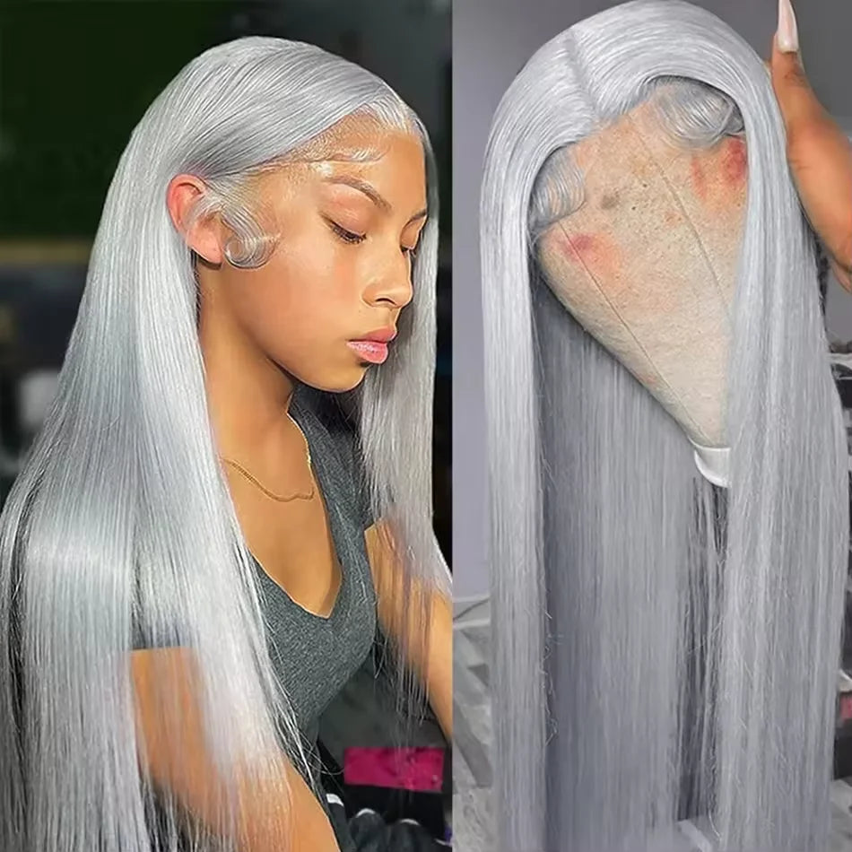 Silver Gray Bone Straight Lace Frontal Wig 13x4 Lace Front Human Hair Wigs For Women Preplucked Gray Colored Wigs Human Hair