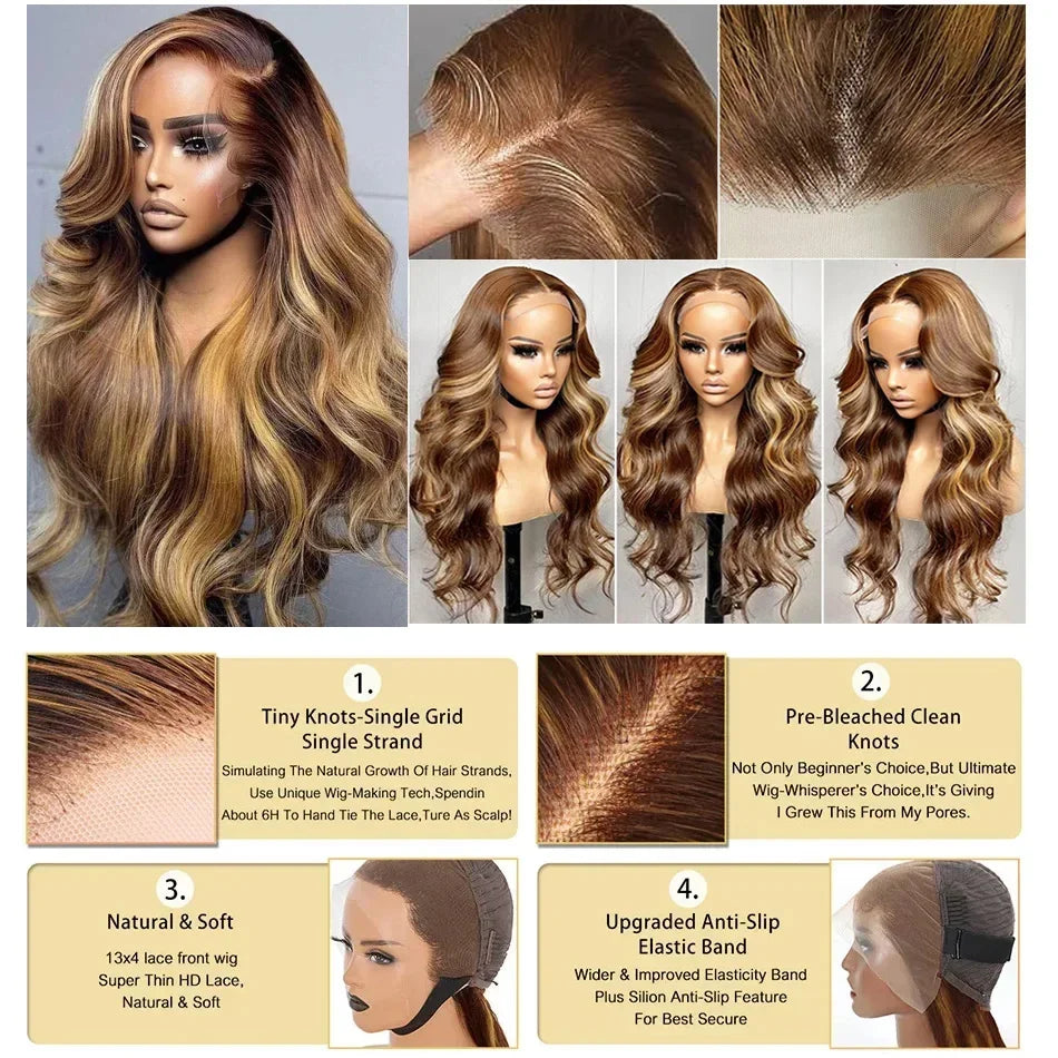 30 40 Inch 250 Density 4/27 Highlight Ombre Blonde Body Wave 13x4 Lace Front Wig Brown Color 13x6 HD Lace Frontal Human Hair Wig
