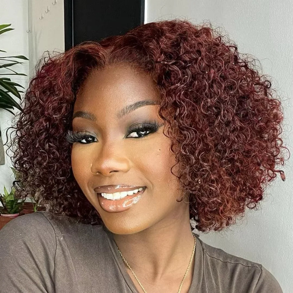 Reddish Brown Water Wave Lace Short Curly Wig Burgundy Red Remy Short Cut Bob Frontal Human Hair Wigs 100% Real Human Hair