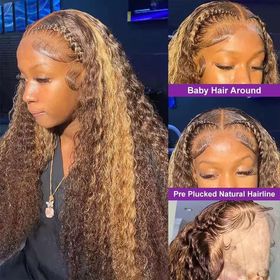 13x6 250 Density 4/27 Highlight Deep Wave HD Lace Front Wig Human Hair 42 Inch Pre Plucked Water Wave Lace Front Human Hair Wigs