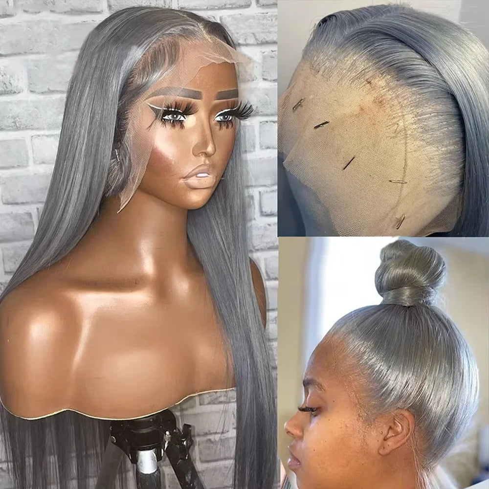 30 36 Inch Silver Grey Straight Lace Front Wig 100% Human Hair Colored HD Transparent Lace Frontal Wigs for Women Pre Plucked