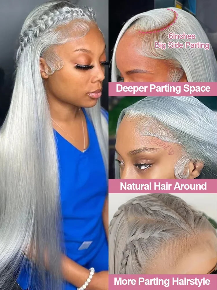 30 36 Inch Silver Grey Straight Lace Front Wig 100% Human Hair Colored HD Transparent Lace Frontal Wigs for Women Pre Plucked