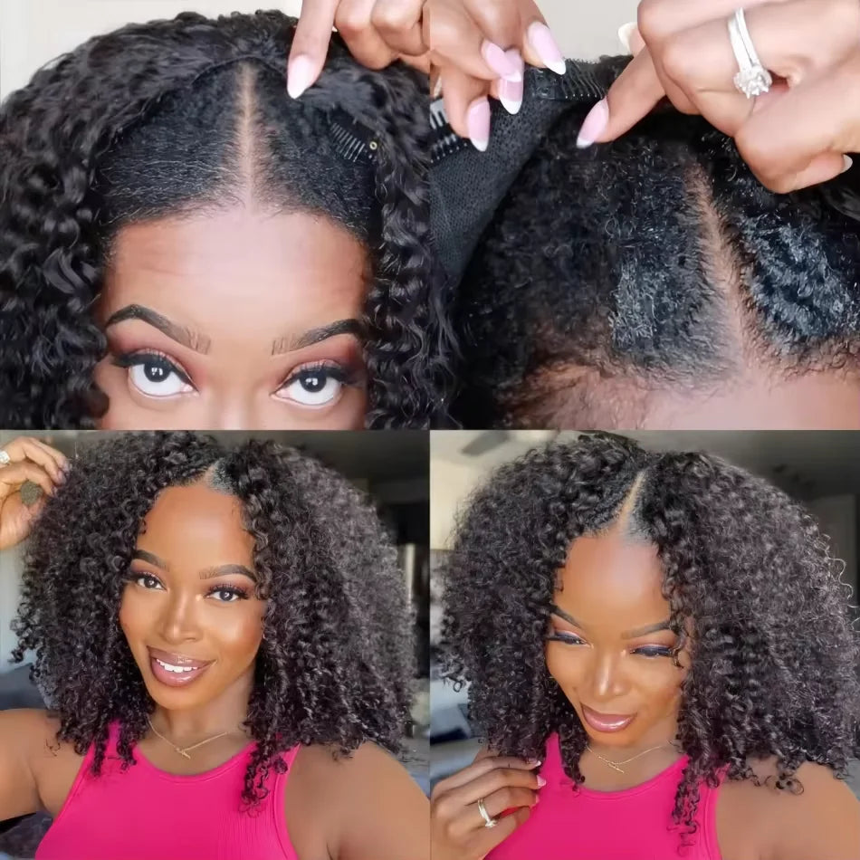 200 Density Kinky Curly Wigs V Part Human Hair No Leave Out Upgrade Deep Wave Curly V Shape Wig 100% No Glue Clip In Half Wigs