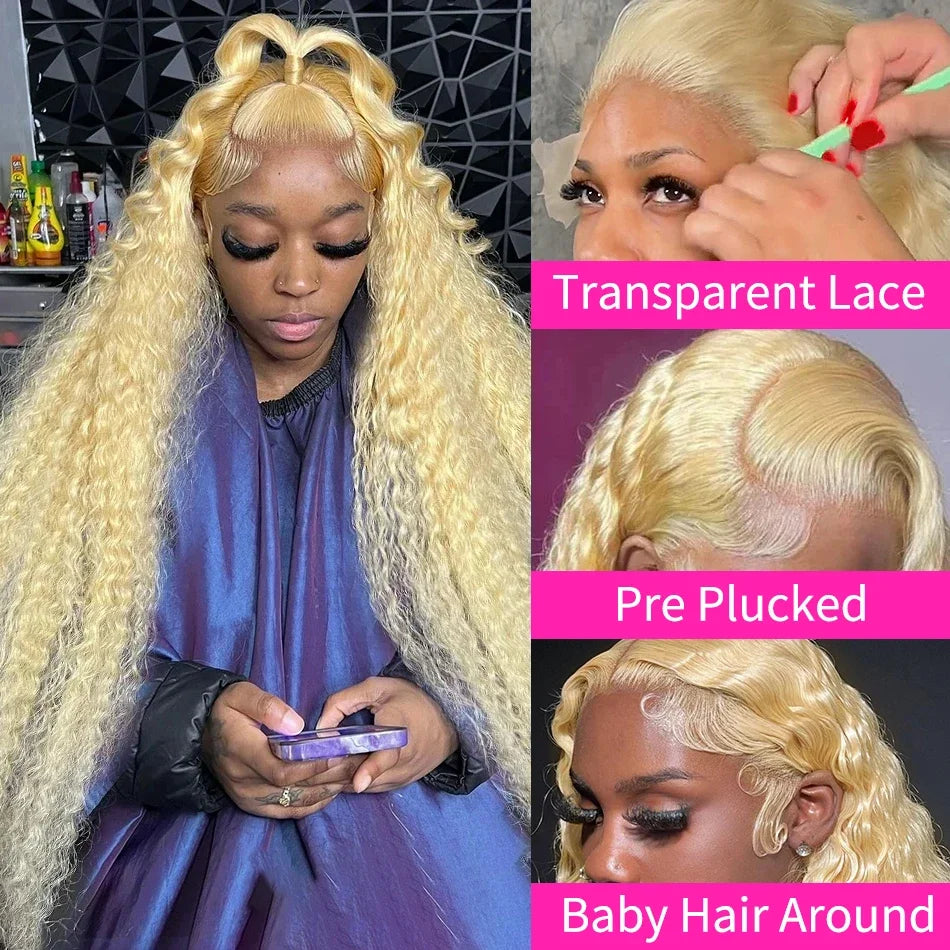 40 inch Curly 613 Honey Blonde Lace Front Human Hair Wigs Loose Deep Wave 13x6 HD Water Wave Color Transparent Lace Frontal Wig