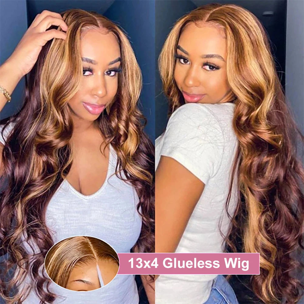 40 Inch Highlight Glueless Wigs Human Hair Ready To Wear Preplucked Body Wave Ombre Color 13x4 Front Wigs For Women 250 Density
