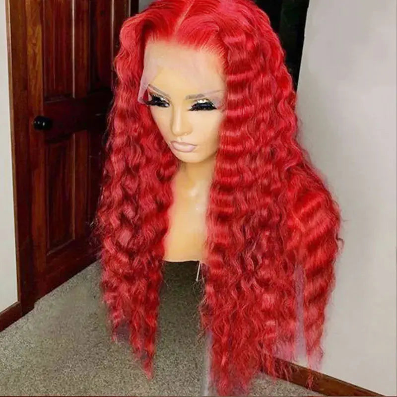 Red 13x4 Lace Frontal Wig 38 Inch Long Deep Wave Pre Plucked with Baby Hair Glueless Transparent Lace Hot Red Color Human Hair