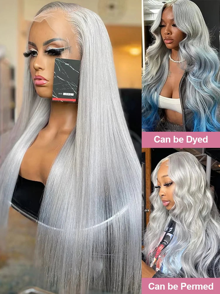 40 Inch Silver Grey Colored Straight Lace Front Human Hair Wigs HD Transparent 13x6 13x4 Lace Frontal Wigs For Women Pre Plucked