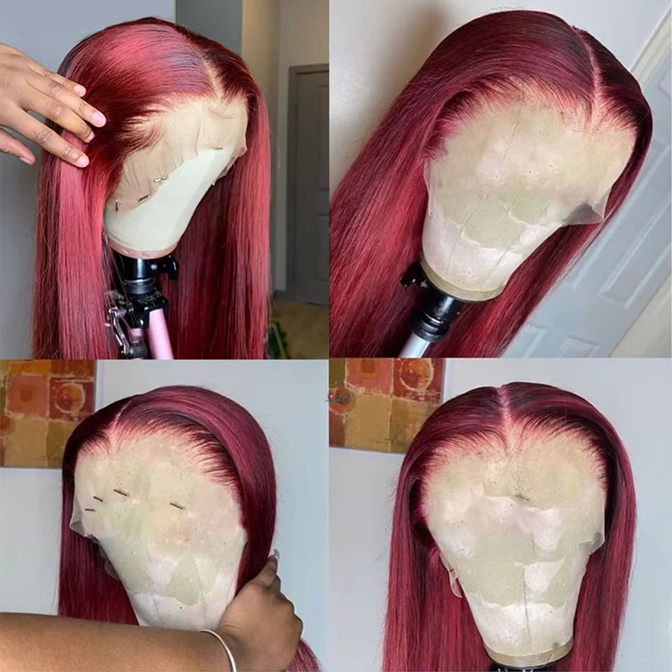 99J Straight Glueless Wig Human Hair Ready to wear Burgundy Red Colored Wigs 250 Density 13x4 Brazilian Human Hair Wig For Women