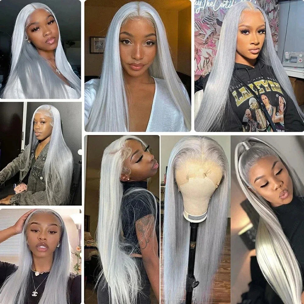 Silver Gray Bone Straight Lace Frontal Wig 13x4 Lace Front Human Hair Wigs For Women Preplucked Gray Colored Wigs Human Hair