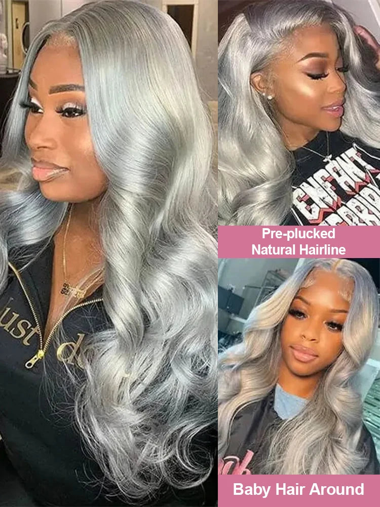 40 Inch Silver Grey Colored Body Wave Human Hair Wigs Brazilian HD Transparent 13x6 13x4 Lace Frontal Wigs For Women 250 Density