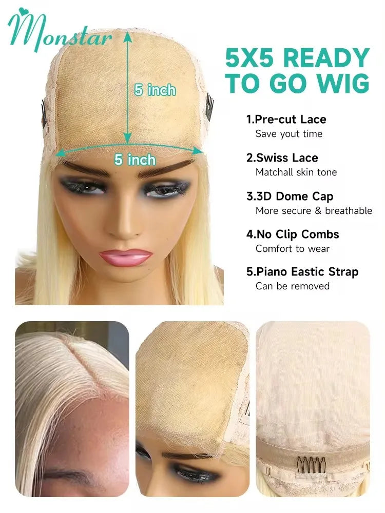Straight 613 Bob Wig Human Hair 180% Density Blonde Bob Wig Human Hair Glueless Lace Front Wigs Short HD Transparent Lace Front