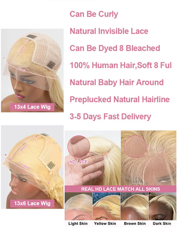 40 Inch 613 Blond Lace Frontal Wig Human Hair 13x6 13x4 HD Transparent Color Bone Straight Lace Front Wigs For Women 250 Density