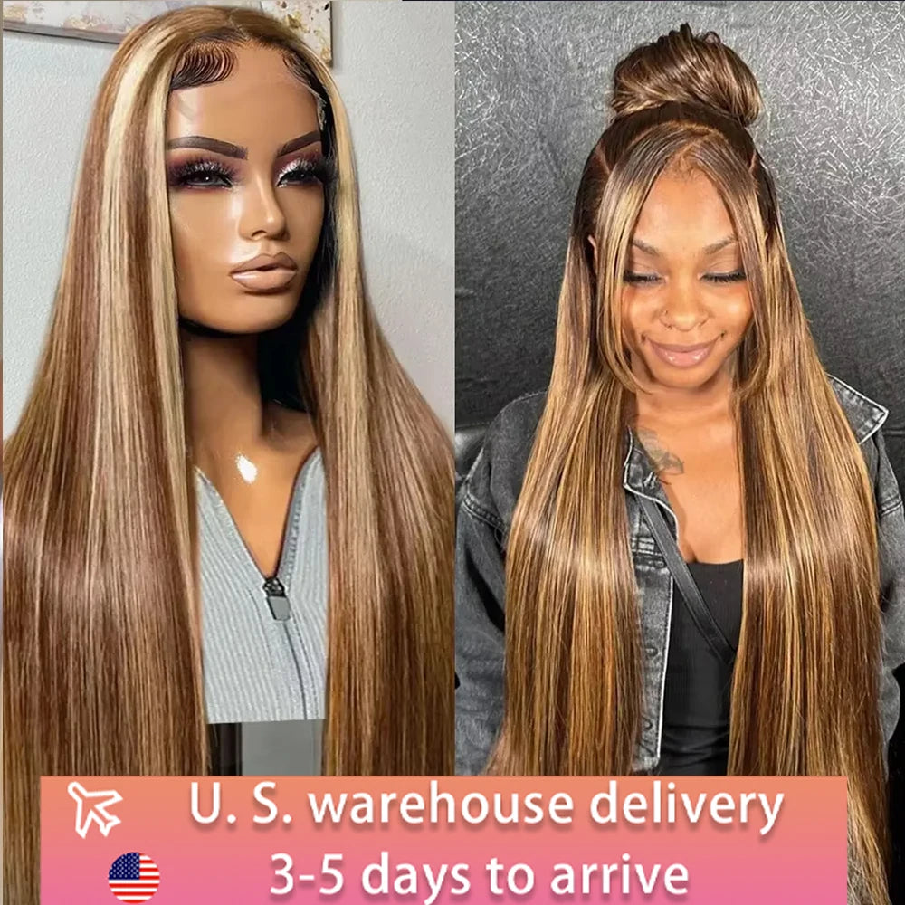 30 32 Inch 4/27 Highlight Ombre 13x4 HD Lace Front Wig Bone Straight 13x6 Lace Frontal Human Hair Wigs 180% Density Preplucked
