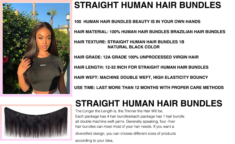 3 4 Bundles 100% Bundles Human Hair Deal Brazilian Remy Straight Human Hair Bundles Extensions Weave Natural Color For Women