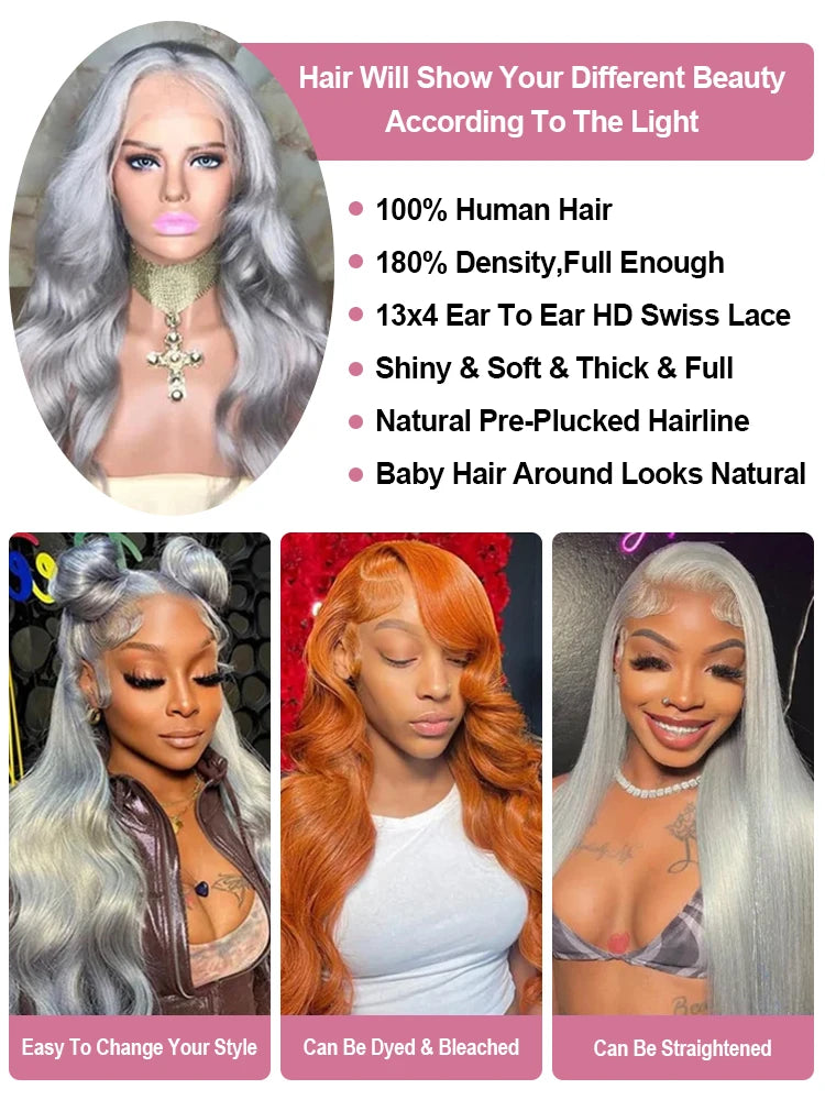 40 Inch Silver Grey Colored Body Wave Human Hair Wigs Brazilian HD Transparent 13x6 13x4 Lace Frontal Wigs For Women 250 Density