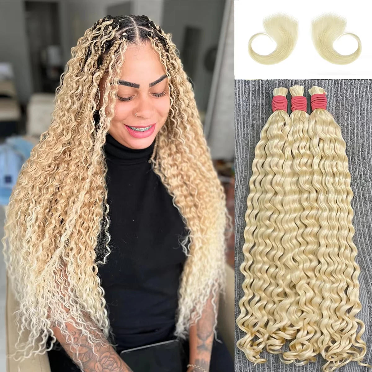 12A 613 Bulk Human Hair For Braiding Deep Wave Blonde Bulk Human Hair Extensions No Weft Human Hair Bundles For Boho Braids
