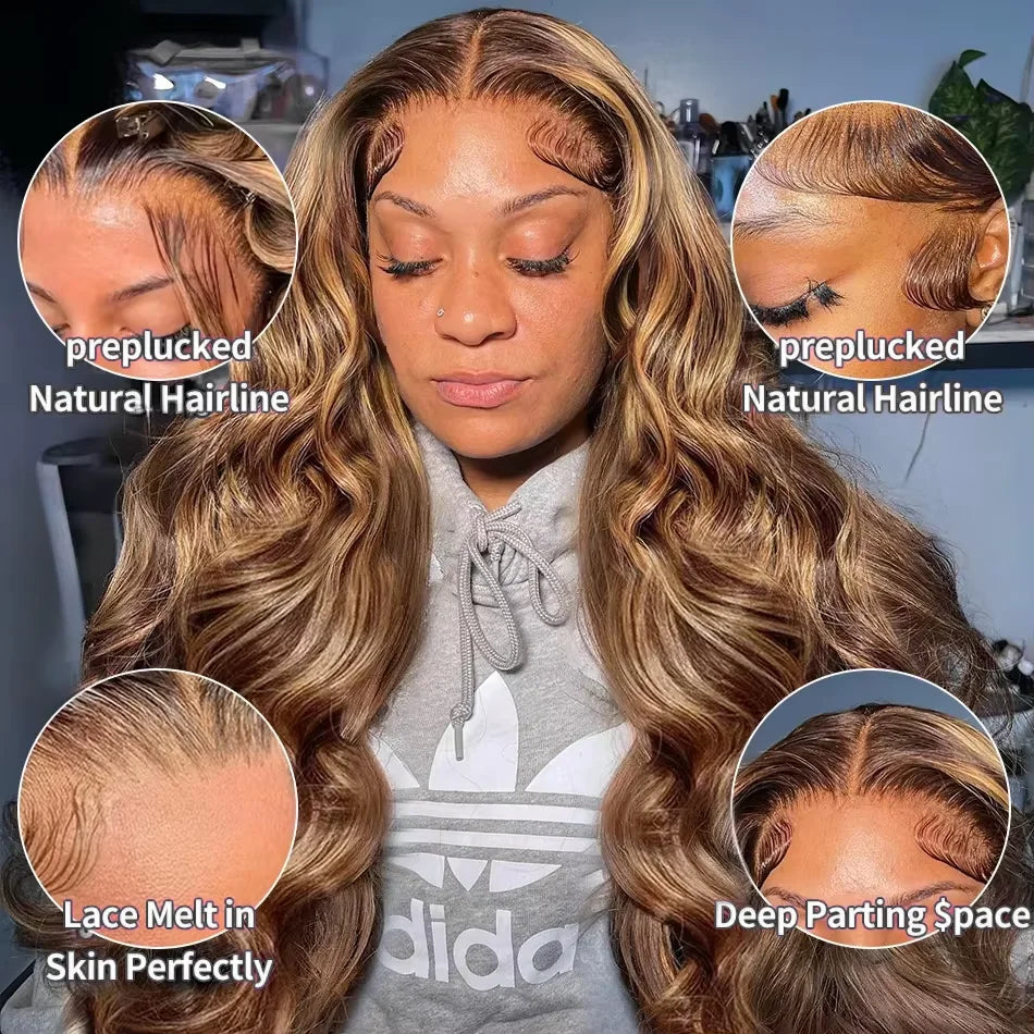 30 40 Inch 250 Density 4/27 Highlight Ombre Blonde Body Wave 13x4 Lace Front Wig Brown Color 13x6 HD Lace Frontal Human Hair Wig