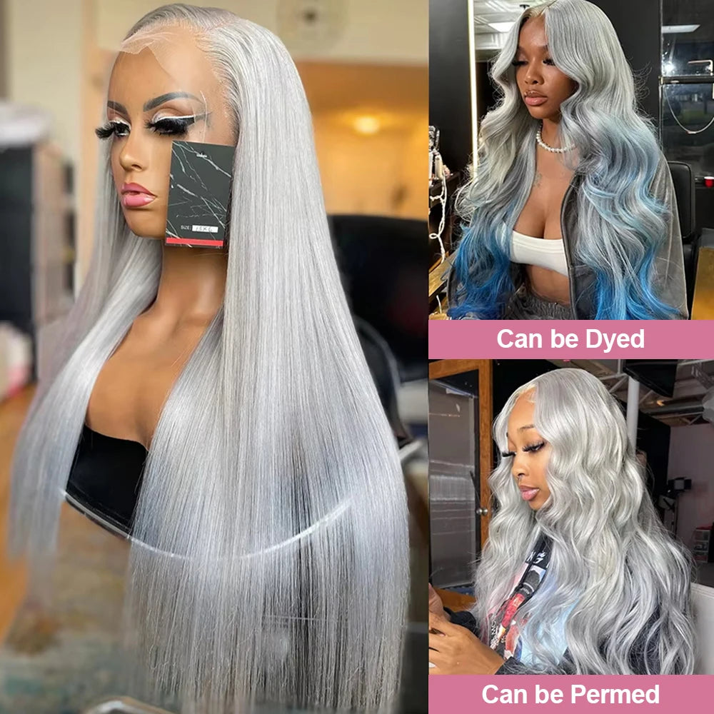 40 Inch Silver Grey Colored Straight Lace Front Human Hair Wigs HD Transparent 13x6 13x4 Lace Frontal Wigs For Women Pre Plucked