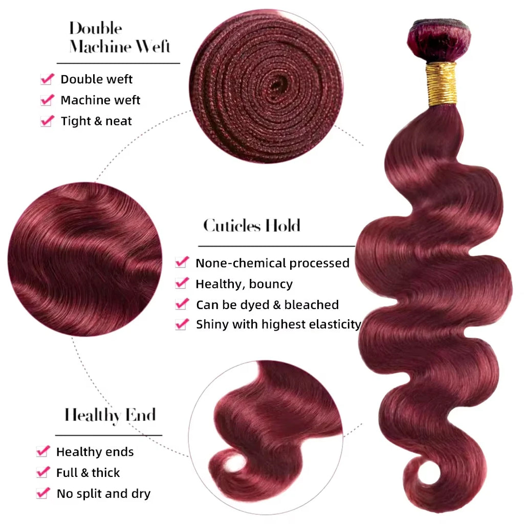 16A Burgundy 99j Body Wave Bundles Red Colored Human Hair Bundles 1/3/4 PCS Brazilian Virgin Hair Weave Extension For Women