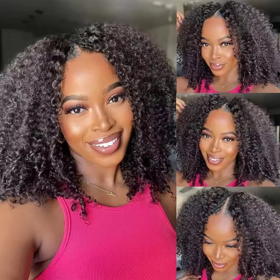 200 Density Kinky Curly Wigs V Part Human Hair No Leave Out Upgrade Deep Wave Curly V Shape Wig 100% No Glue Clip In Half Wigs