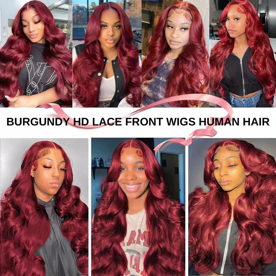 Burgundy Body Wave 99J 13x6 HD Lace Frontal Brazilian Pre-Plucked Colored Wig 13x4 HD Lace Red Remy Human Hair Wig for Women