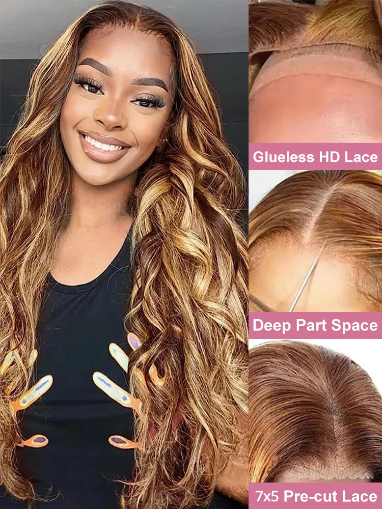 40 Inch Highlight Glueless Wigs Human Hair Ready To Wear Preplucked Body Wave Ombre Color 13x4 Front Wigs For Women 250 Density