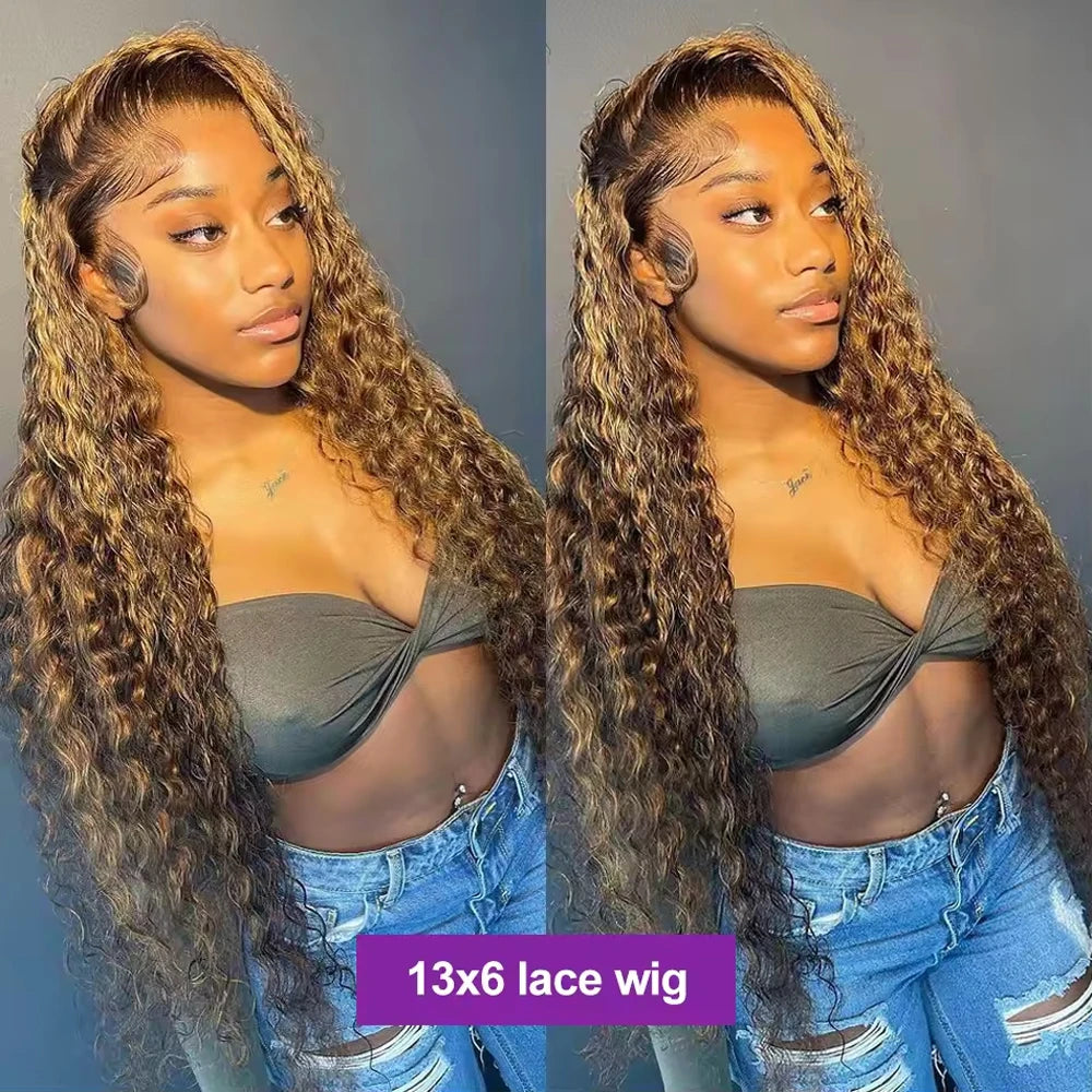 HD 13x6 Highlight Wig Human Hair Honey Blonde Brown Lace Front Wigs Deep Curly Human Hair Wig Water Wave 13x4 Lace Frontal Wig