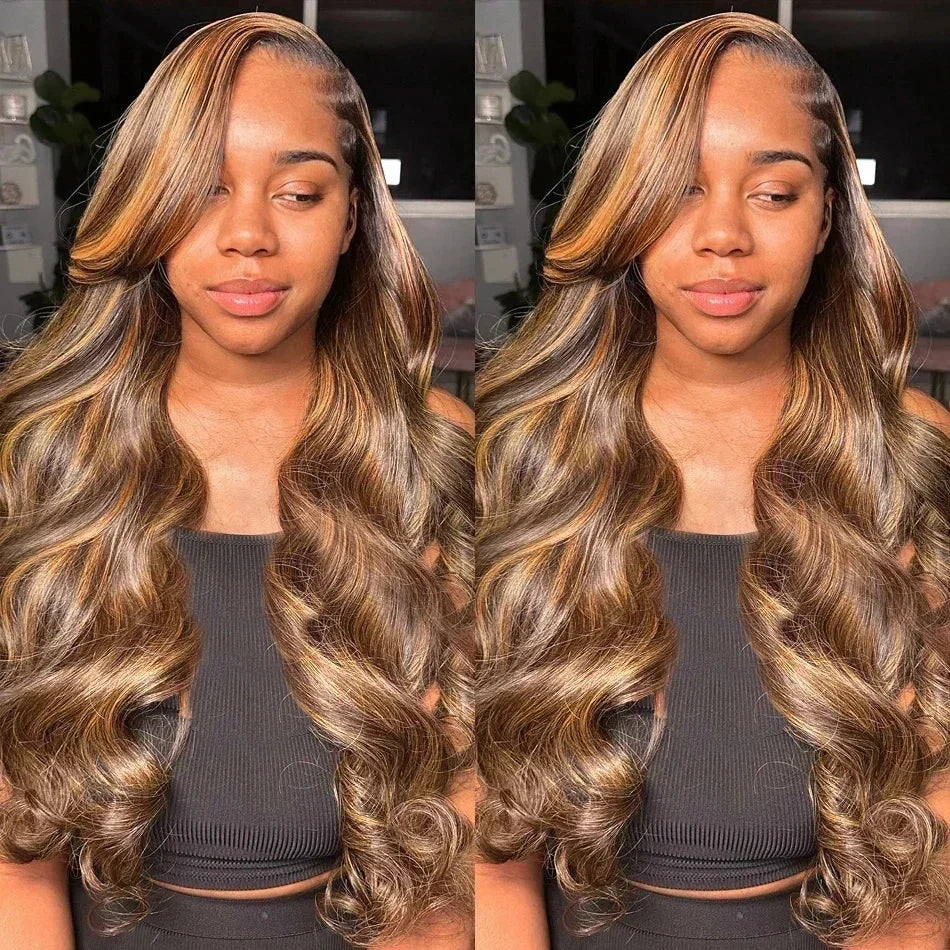 30 40 Inch 250 Density 4/27 Highlight Ombre Blonde Body Wave 13x4 Lace Front Wig Brown Color 13x6 HD Lace Frontal Human Hair Wig