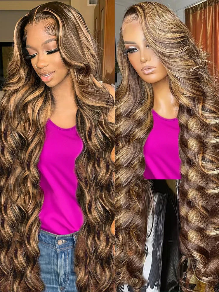 40 Inch Highlight Glueless Wigs Human Hair Ready To Wear Preplucked Body Wave Ombre Color 13x4 Front Wigs For Women 250 Density