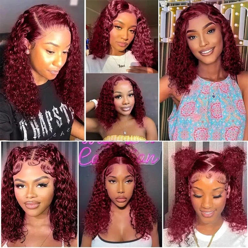 Reddish Brown Water Wave Lace Short Curly Wig Burgundy Red Remy Short Cut Bob Frontal Human Hair Wigs 100% Real Human Hair